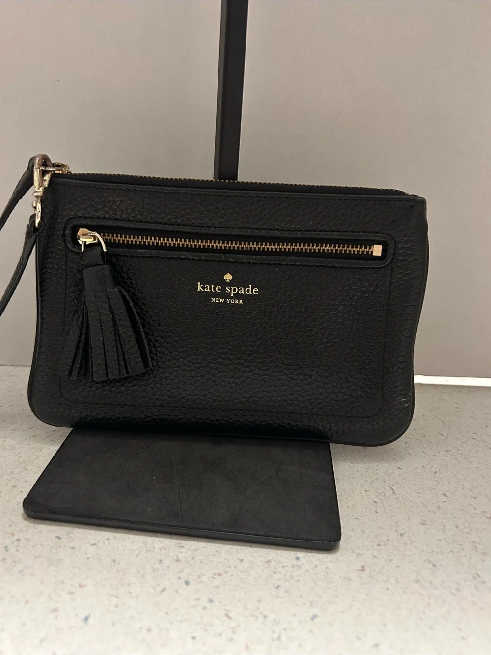 kate spade Black Pebble Leather Wristlet with Tassel